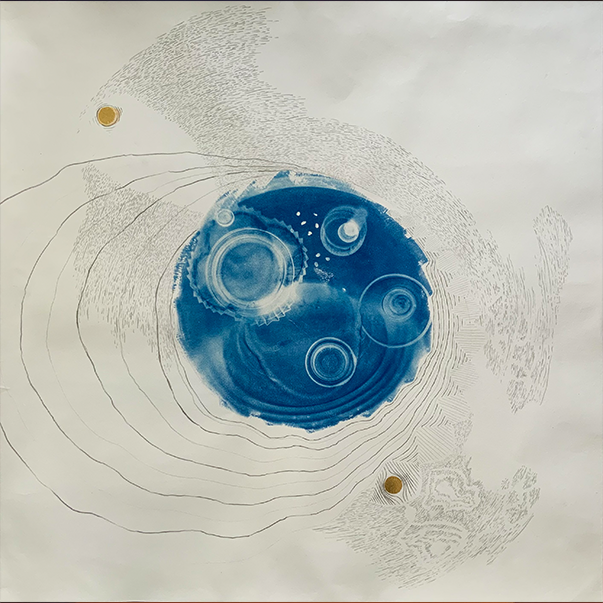 Atom 1, 2026, Cyanotypie/Bleistift/Blattgold, 100 x 100 cm